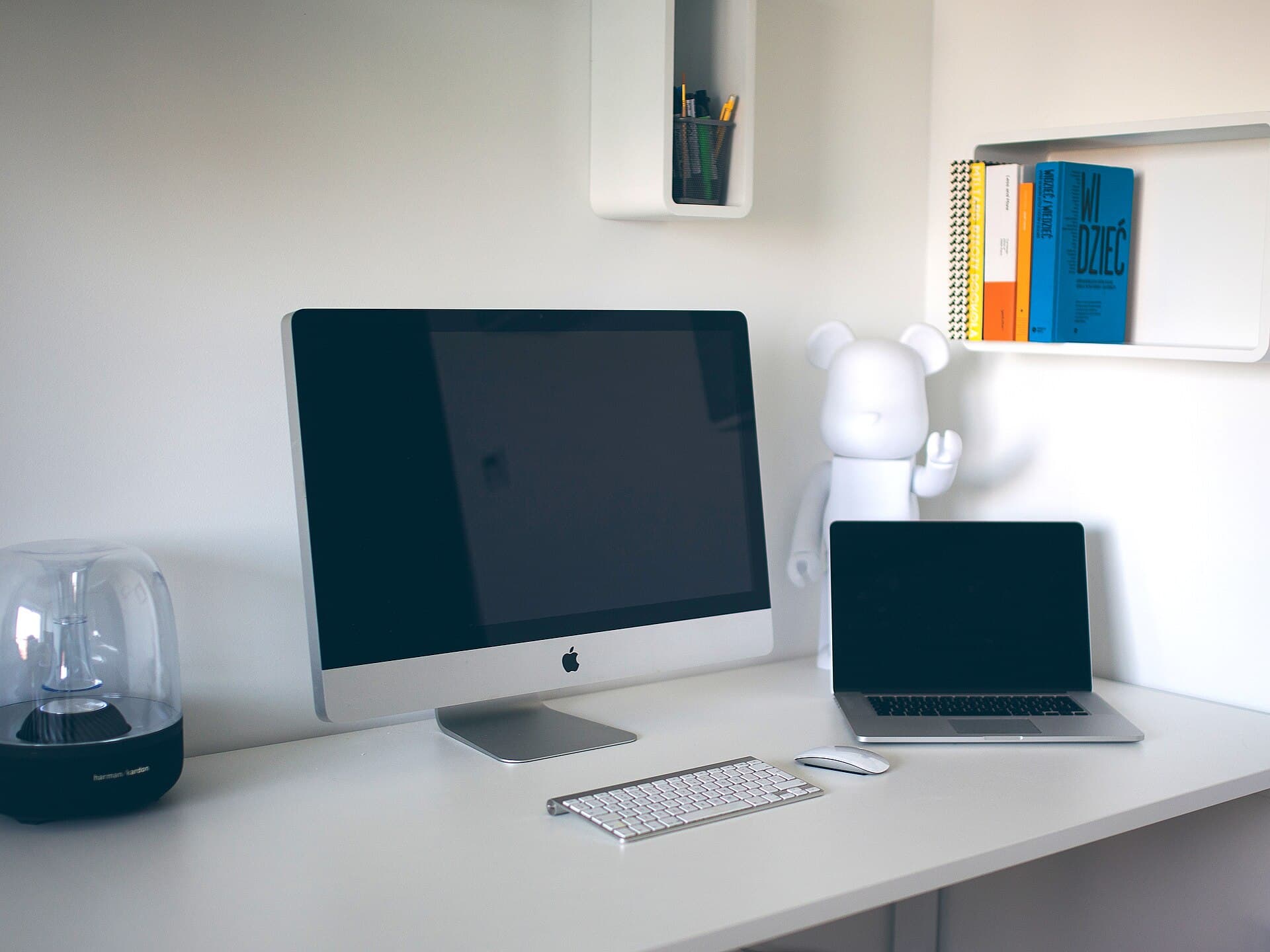 Office desks and computers in a quiet workplace