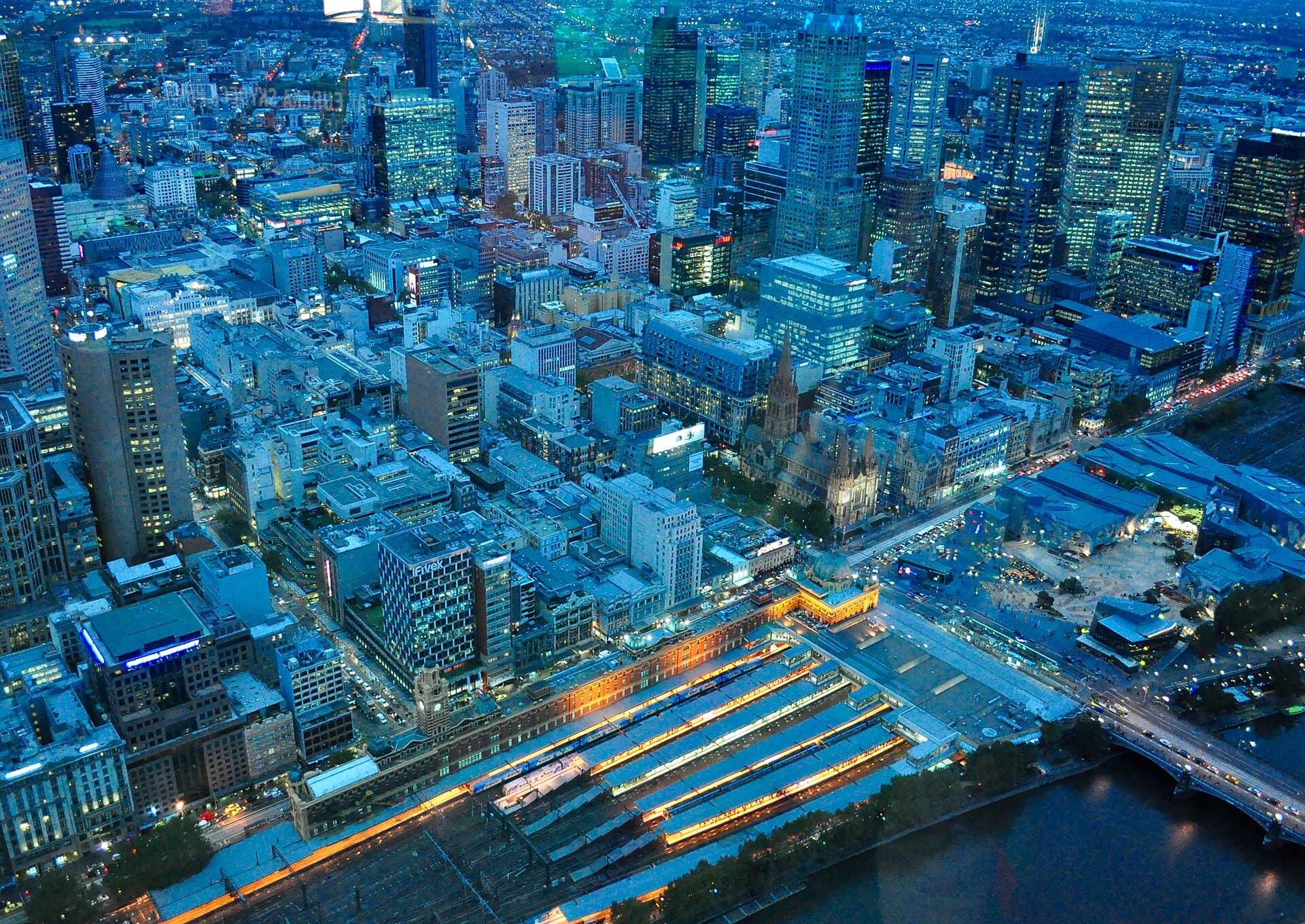 Melbourne city buildings lit at night
